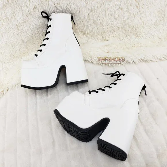 White Matte Chunky Platform Goth Punk Ankle Boots Camel - Picture 6 of 14